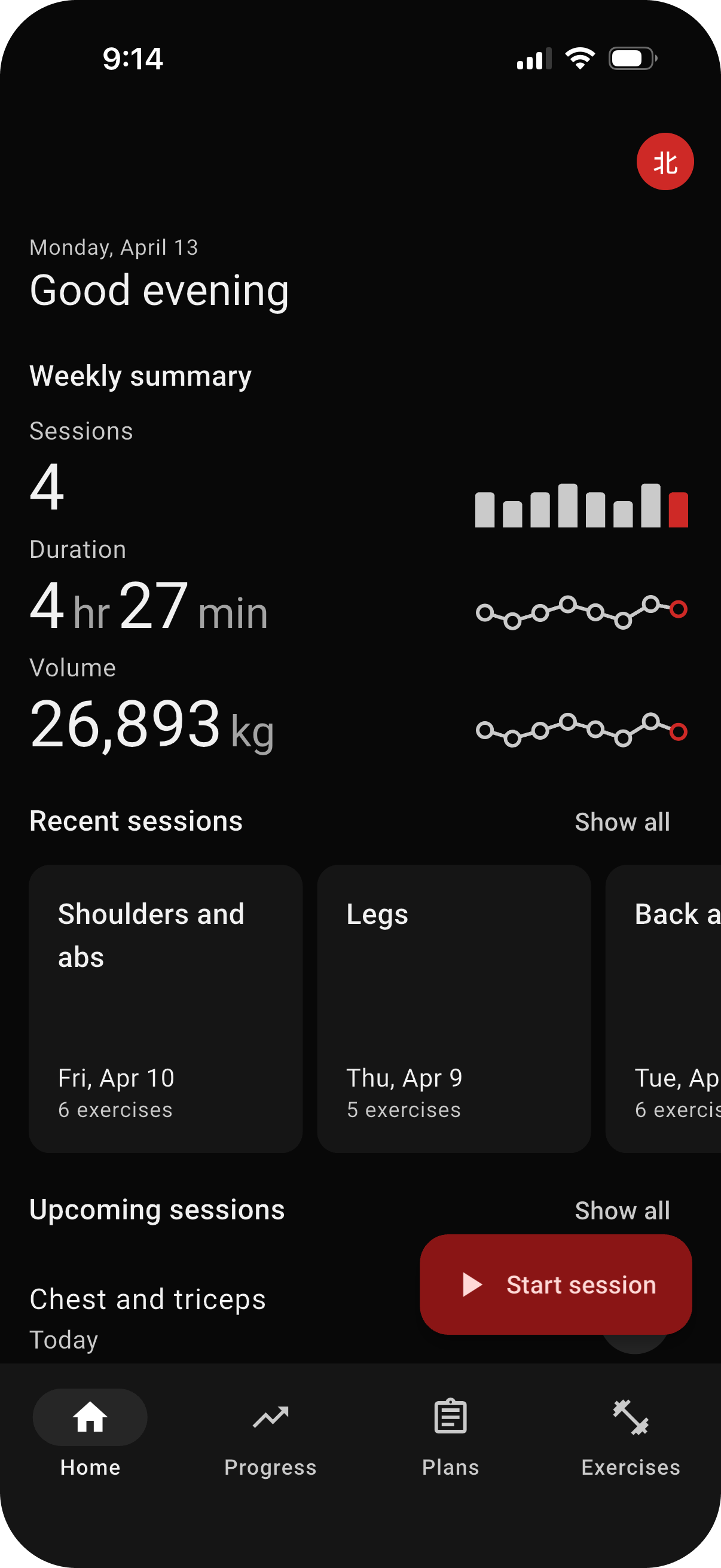 ELDINN workout overview screen