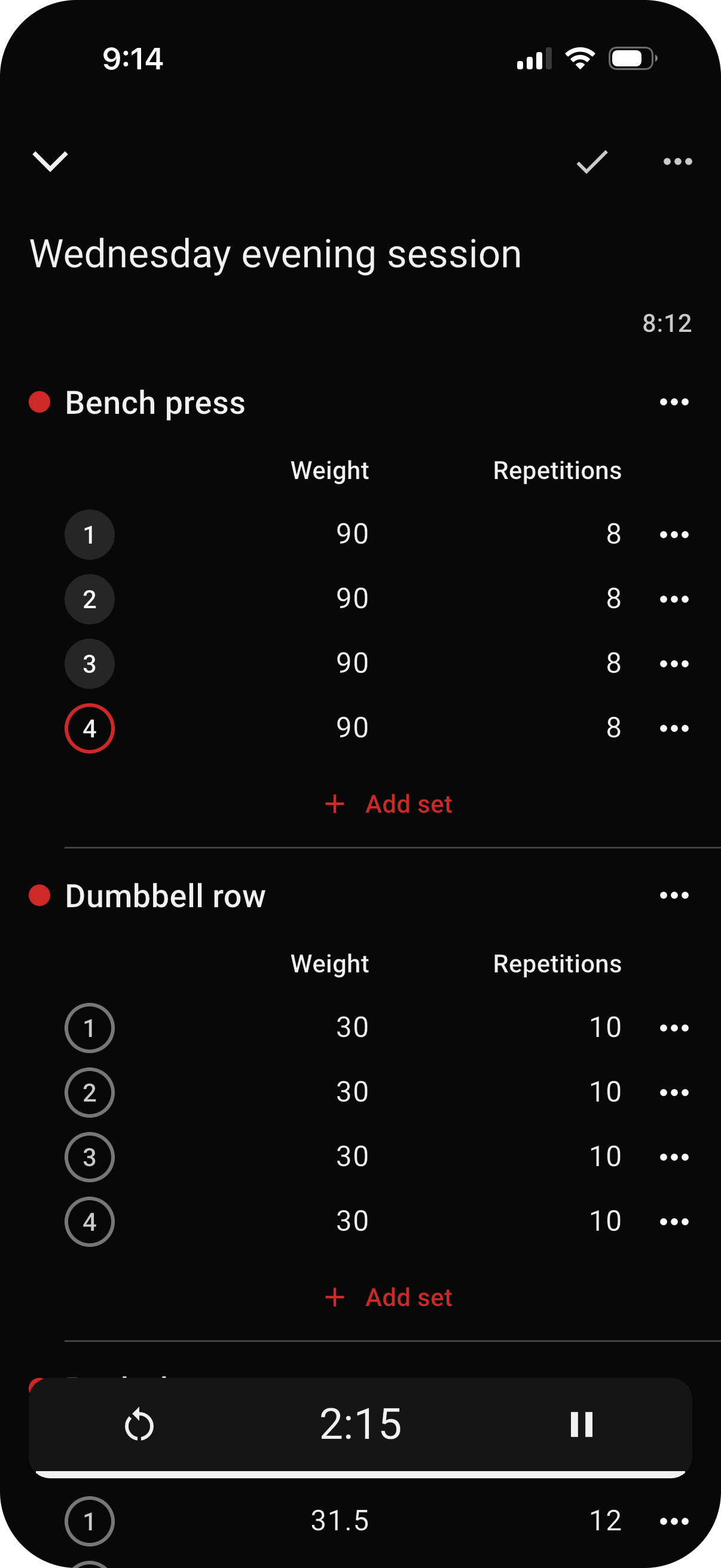 ELDINN workout logging screen